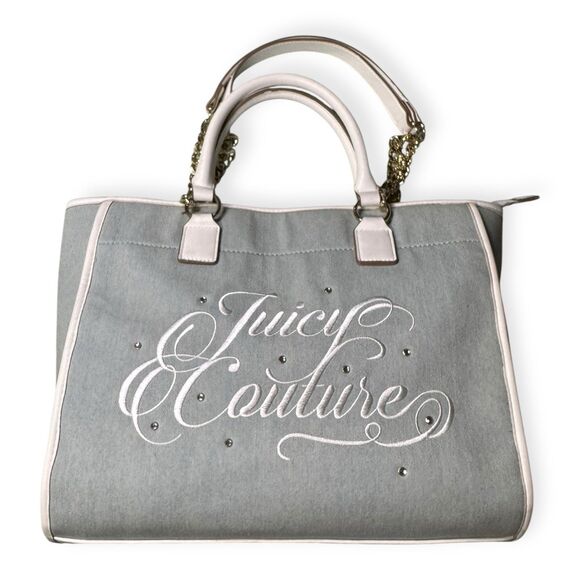 Juicy Couture‎ Beach Tote Denim Diamond Velour Embroidered Gold Accents Y2K VTG - Picture 1 of 10